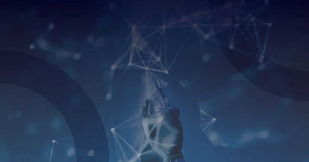 Hand reaching out in a digital environment with abstract network connections, symbolizing the integration of AI tools like Microsoft 365 Copilot in organizational processes.