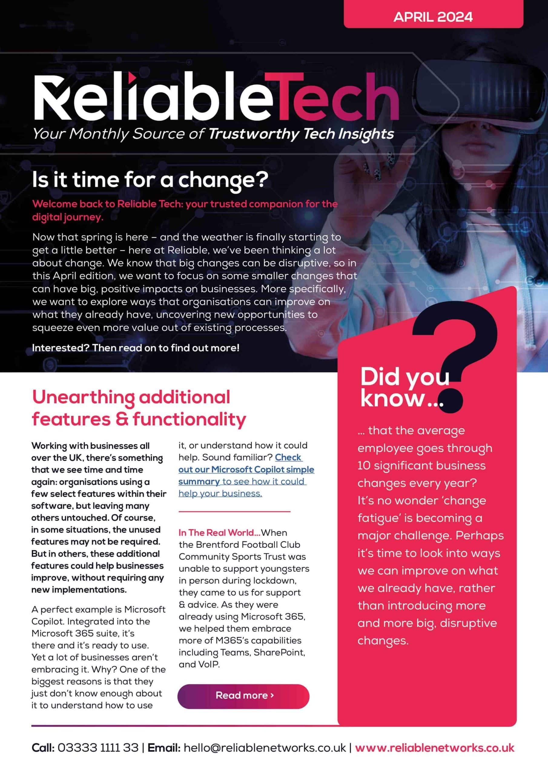Reliable Tech April 2024 newsletter cover featuring IT and cyber security insights for businesses.