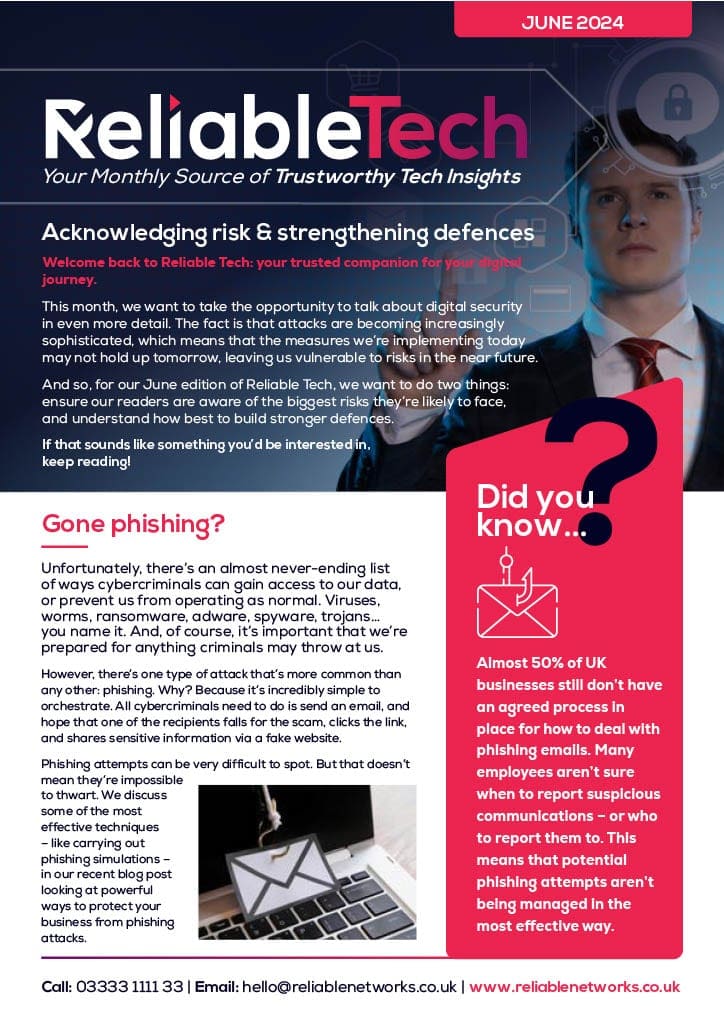 Reliable Tech June 2024 newsletter cover discussing digital security and phishing attacks.
