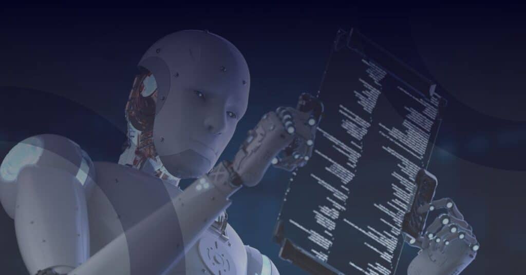 Robot analyzing data on a digital display, representing Microsoft Copilot's advanced AI capabilities for enhancing productivity in new PCs.