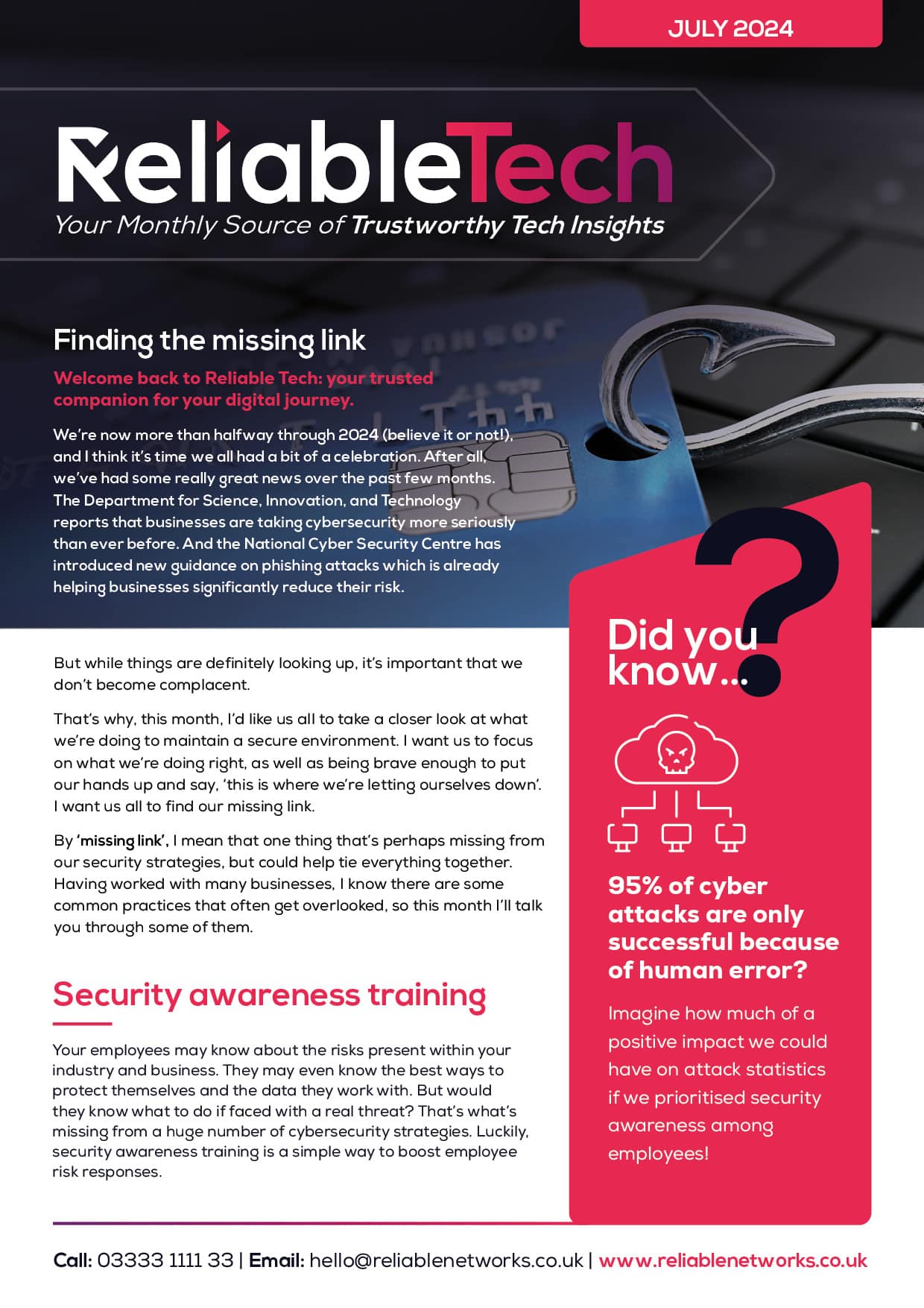Reliable Tech July 2024 newsletter cover featuring cybersecurity insights and National Cyber Security Centre updates.