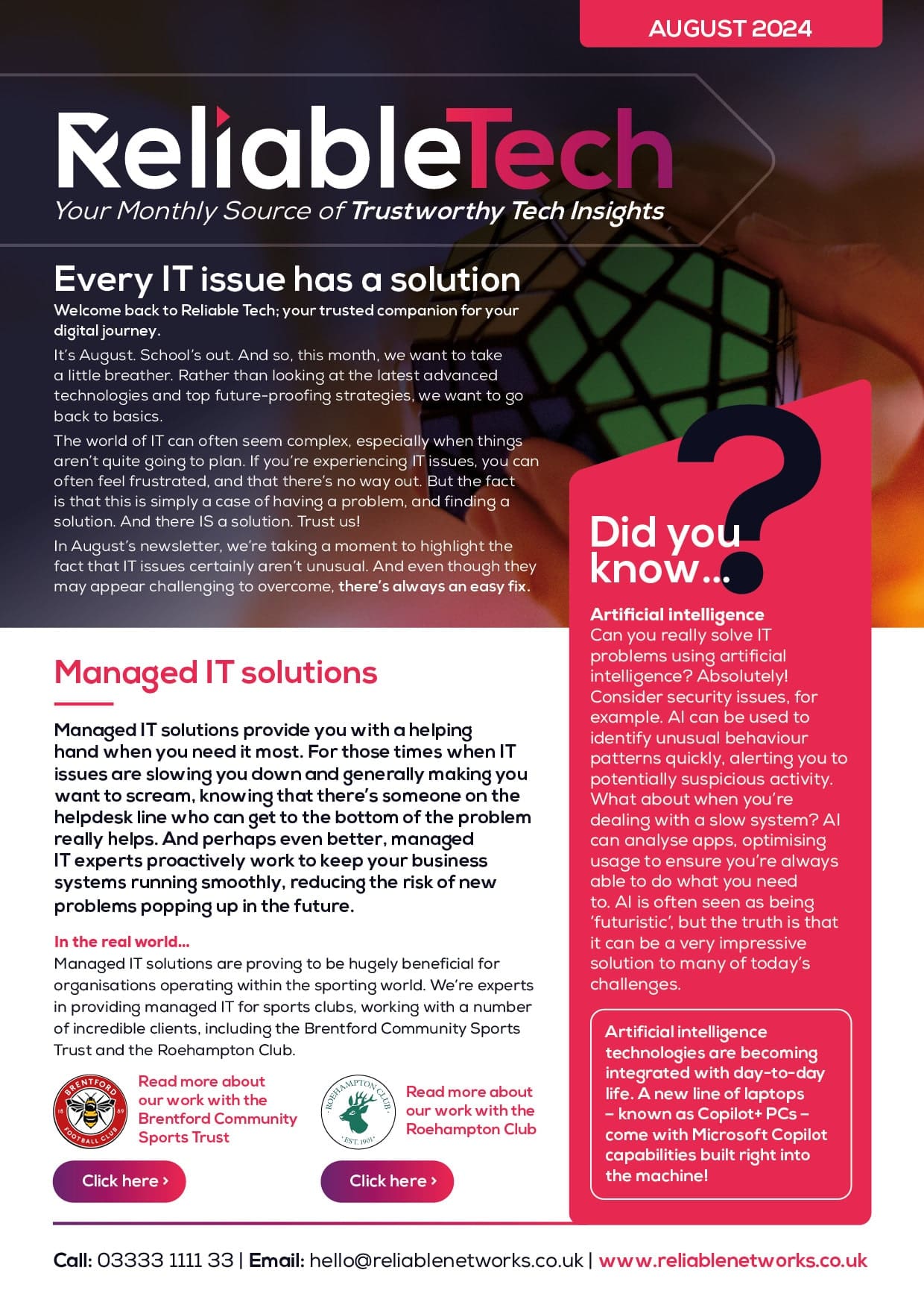 Reliable Tech August 2024 newsletter cover featuring IT solutions and AI insights.