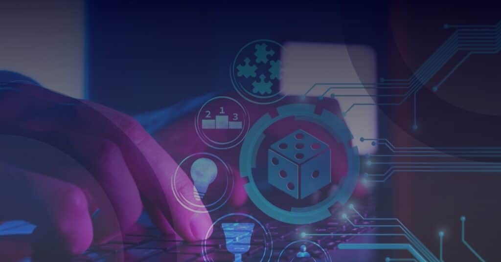 Hand on keyboard with digital icons representing cyber training options, including light bulb, puzzle piece, and dice, illustrating employee readiness against cyber threats.