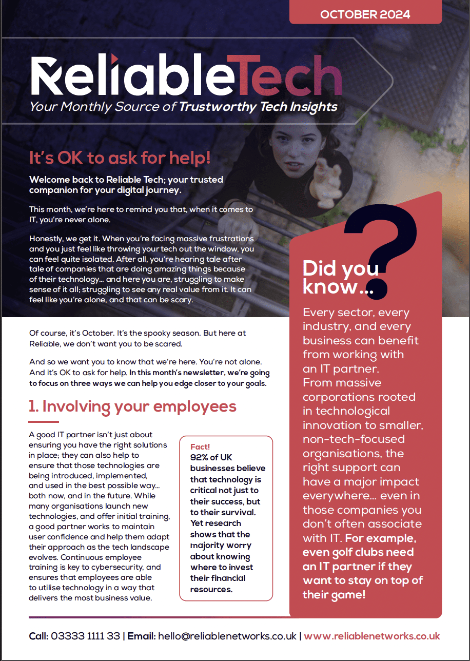 Reliable Tech October 2024 newsletter cover featuring tech insights and advice for businesses.