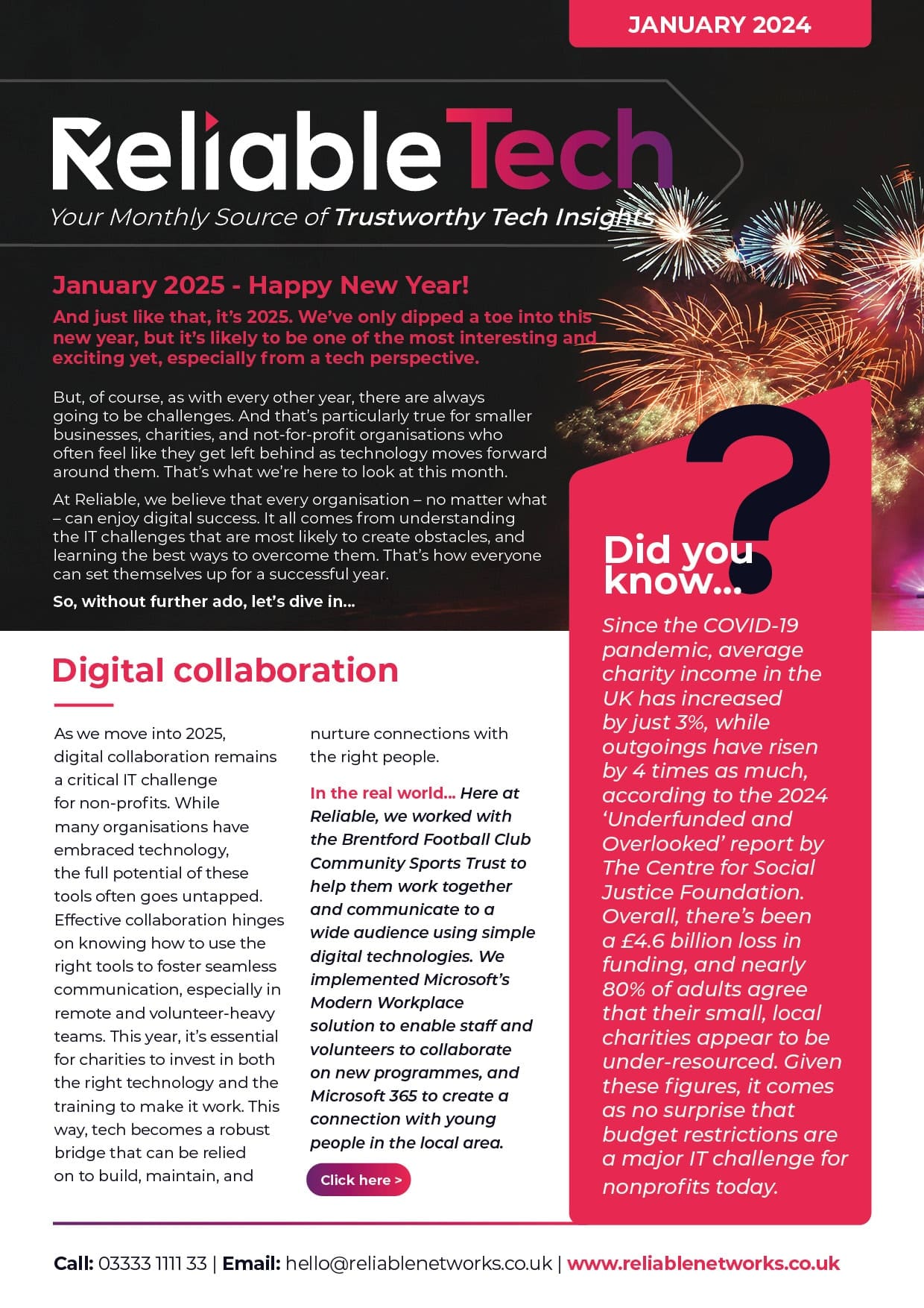 Reliable Tech January 2025 newsletter cover featuring digital collaboration and charity tech insights.