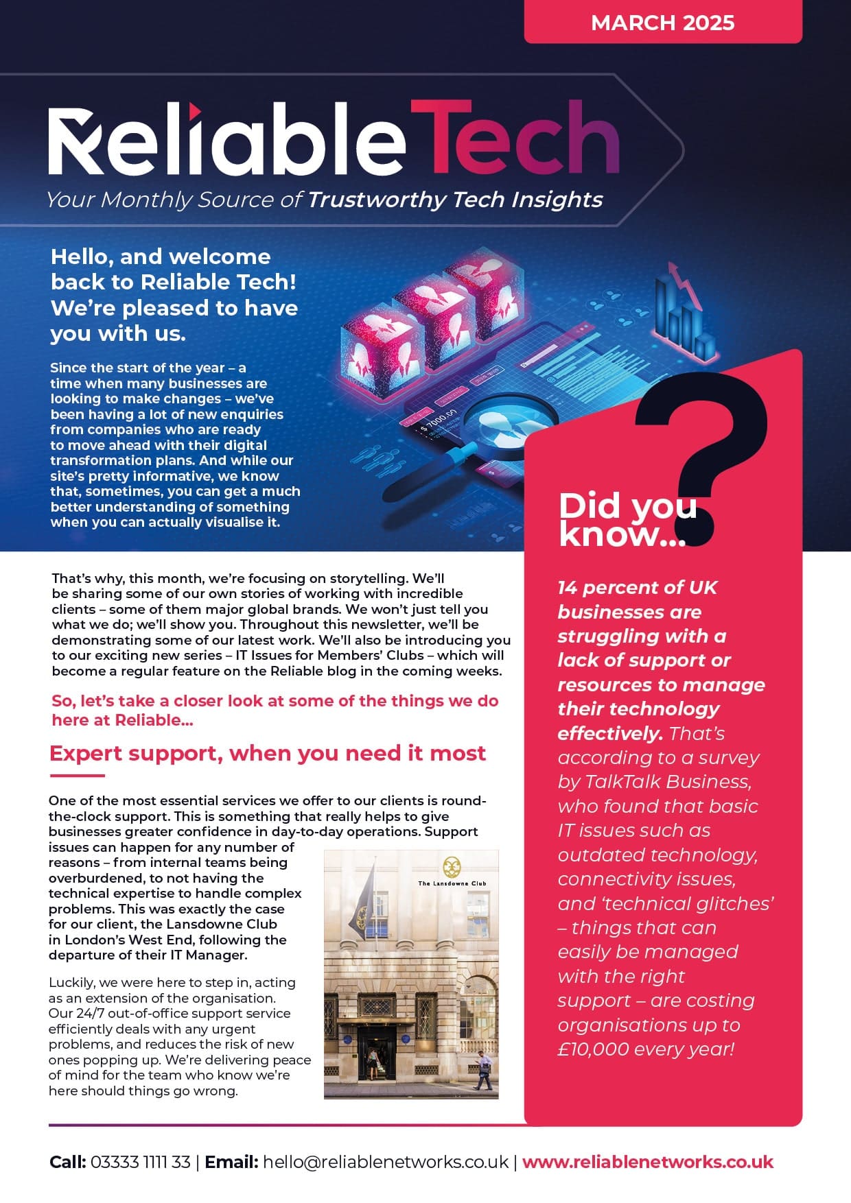 Reliable Tech newsletter cover for March 2025, featuring vibrant design with the title "Reliable Tech" and a graphic illustrating technology insights, emphasizing expert IT support and business transformation.
