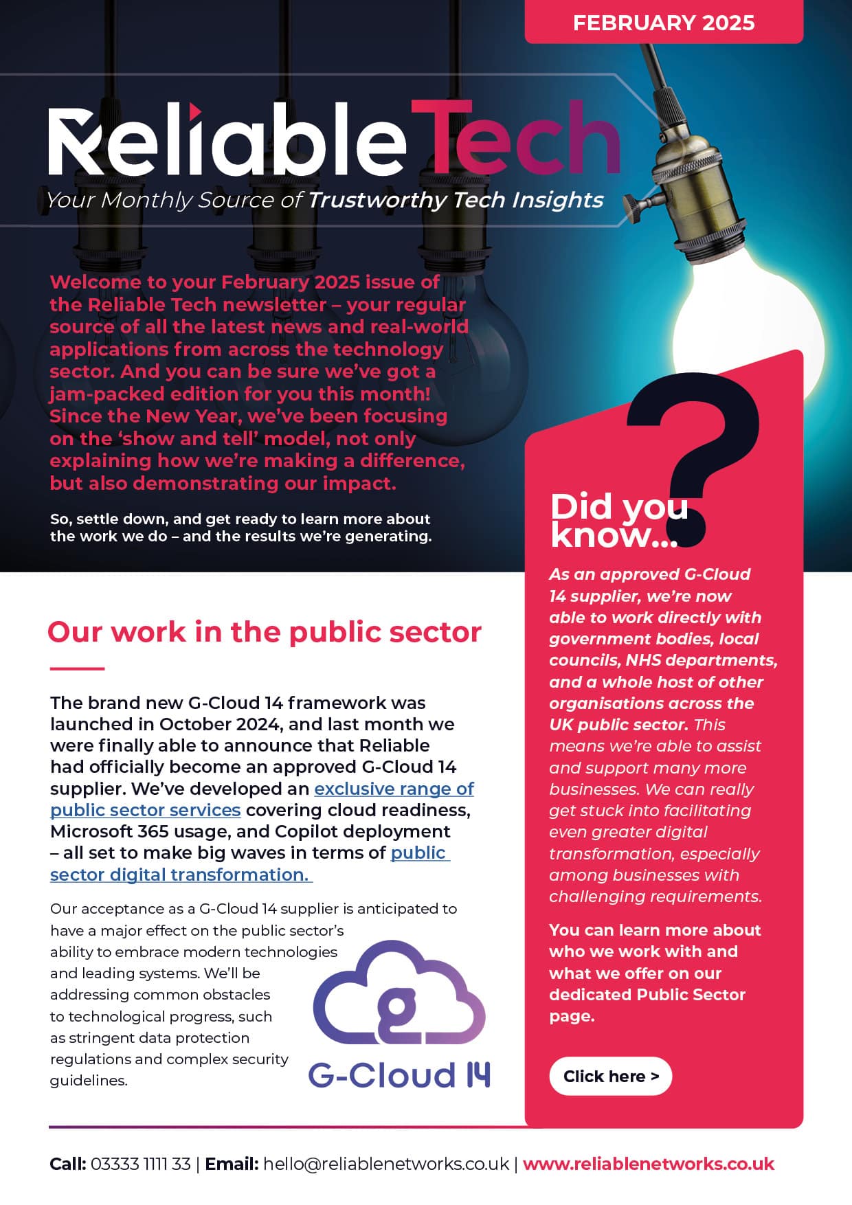 Reliable Tech February 2025 newsletter cover featuring G-Cloud 14 approval and 20th anniversary celebration.