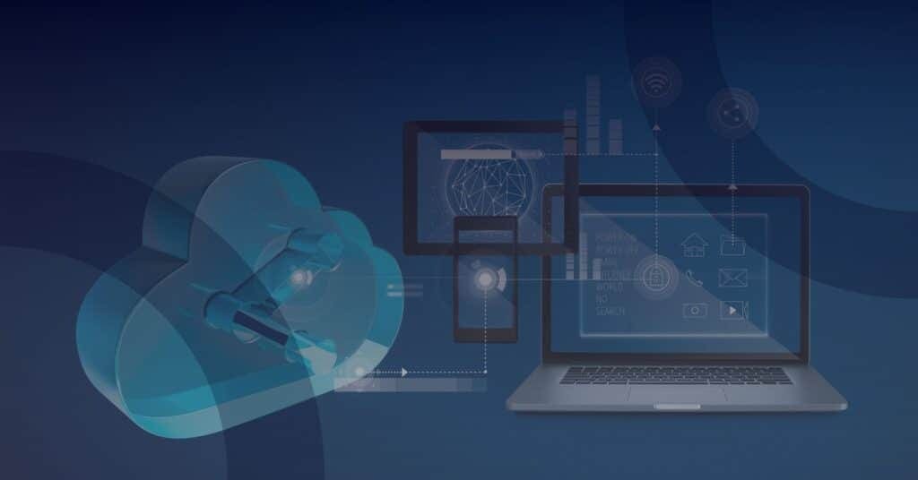 Cloud computing graphic with a stylized cloud, laptop displaying analytics and digital data, emphasizing Azure Managed Services for business efficiency and security.