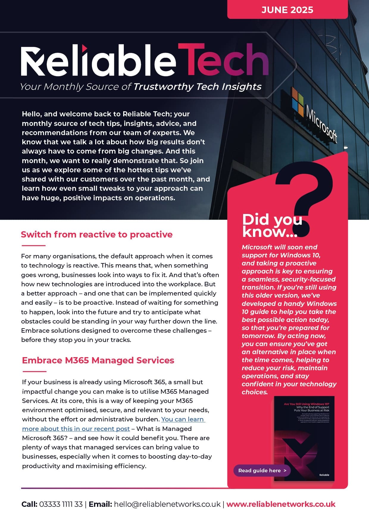 Reliable Tech June 2025 newsletter cover featuring Microsoft logo, emphasizing tech insights and proactive IT strategies.