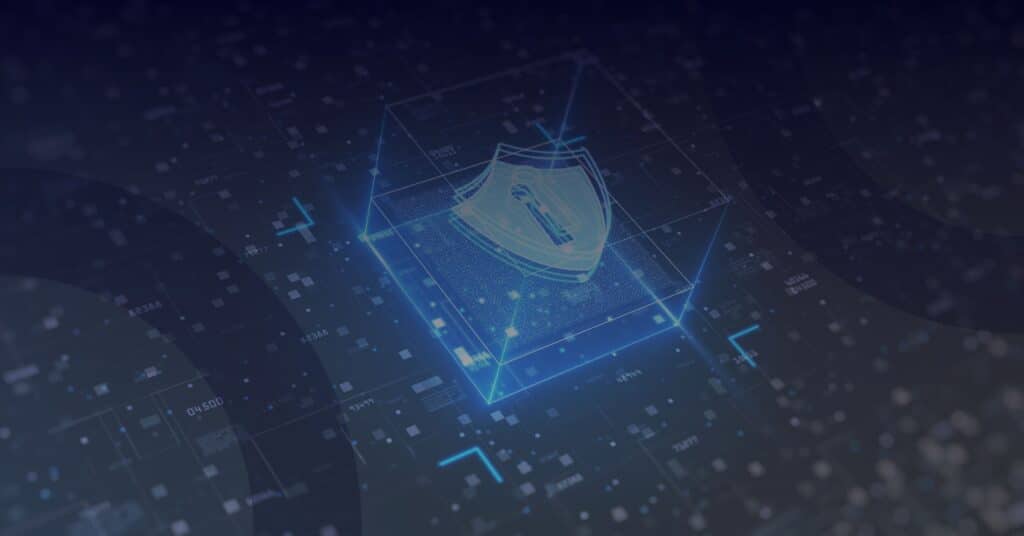 Digital shield icon representing advanced E5 security for Microsoft 365 business users, set against a dark, tech-themed background with data patterns, emphasizing enhanced cyber protection.