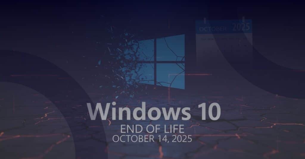 Windows 10 end of life announcement with cracked logo and calendar date October 14, 2025, symbolizing transition challenges for organizations.