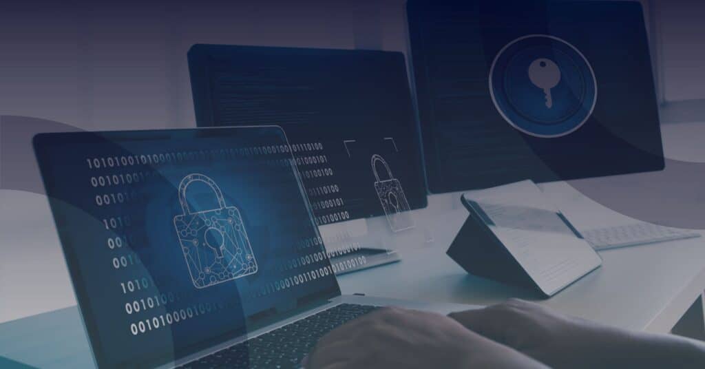 Laptop displaying a digital padlock and binary code, symbolizing cybersecurity and data protection, with additional screens in the background, relevant to staff security awareness during the festive season.