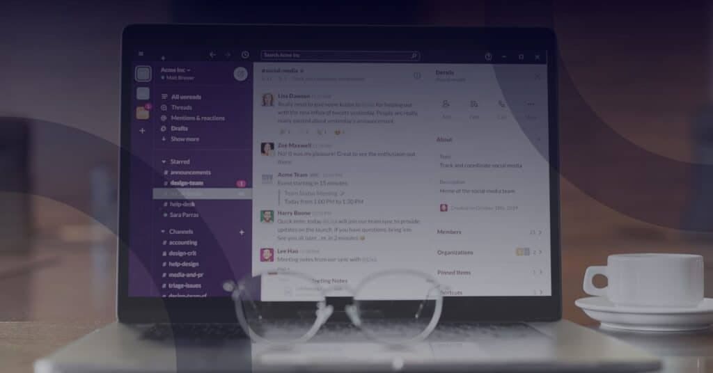Laptop displaying Microsoft Teams interface for secure external collaboration, with coffee cup and glasses in foreground, emphasizing compliance and effective communication strategies.