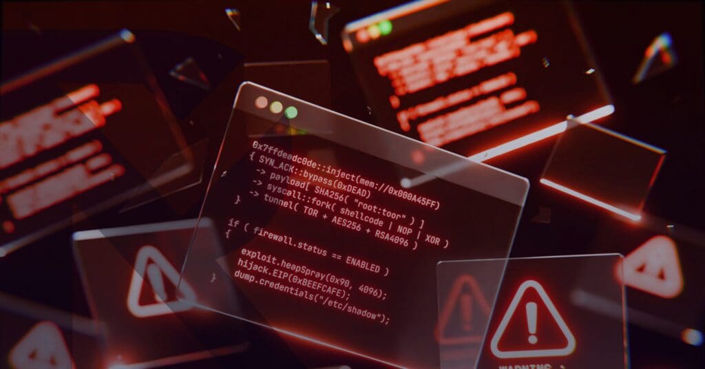 Cybersecurity threat illustration depicting code and warning signs, highlighting risks for small businesses.